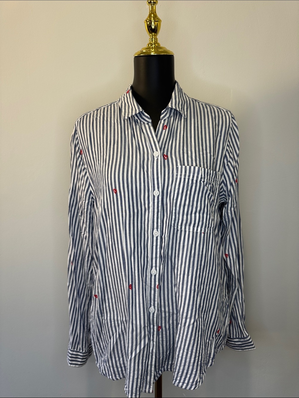 beachlunchlounge Blue and White Striped Button-Down Shirt with Red Heart Accent